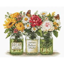 Bocaux fleuris Dream Believe Love – Kit point de croix Luca-S